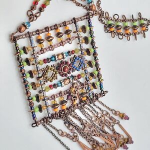 Afghan Kuchi Style Tribal Pendant Long Modernist Gold Tone Statement Necklac 30"